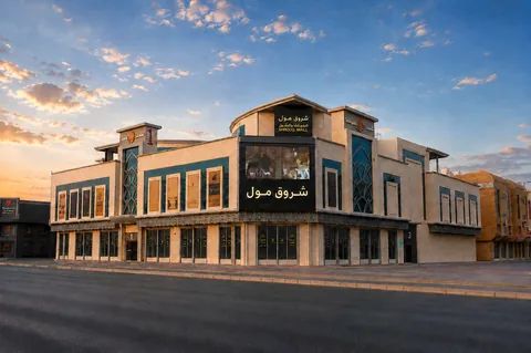 الواجهة الرئيسية لشروق مول في ضوء الساعة الذهبية