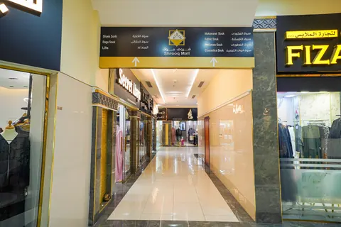 لوحة دليل الأسواق المعلقة أعلى ممر تجاري